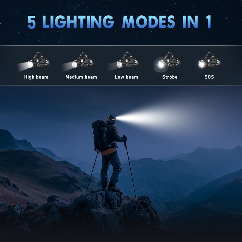 Super Bright Headlamp Rechargeable 2000 Lumens, 7 Modes Head Lamp, Zoomable Head Light for Forehead, 90° Adjustable Headlamps for Adults, Long Runtime & Waterproof Fishing, Camping Black 1 Pack