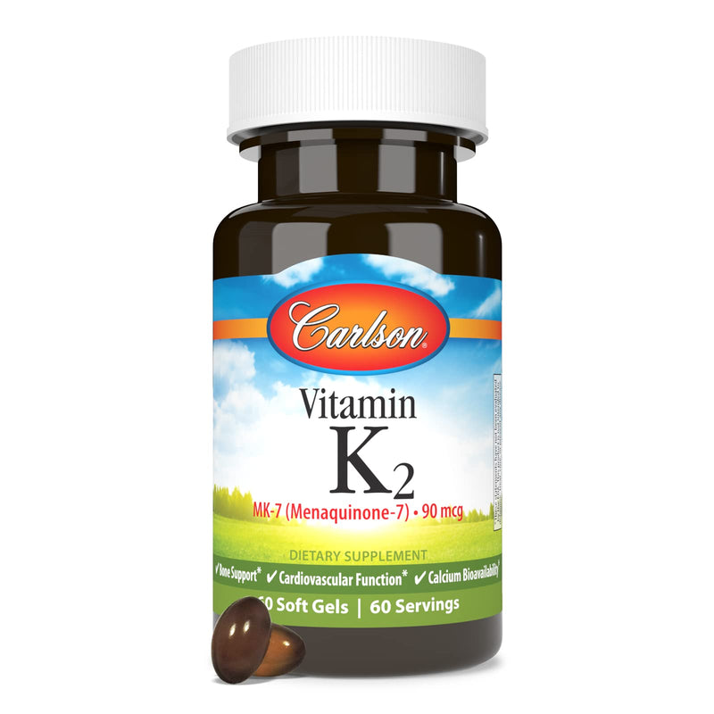 Carlson Vitamin K2 MK-7 (Menaquinone), 90 mcg, Bone Support, 60 Softgels | Calcium Bioavailability; K2 Vitamin; Vitamin K-2