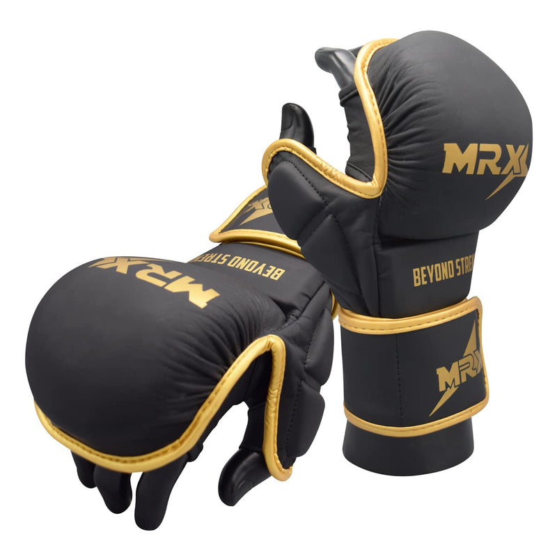 MRX MMA Professional Protective Grappling Gloves 7oz Muay Thai Training Kickboxing Punching Sparring Sports Cage Fighting Combat Glove Boxing Punching Glove Mitts Black Golden S/M