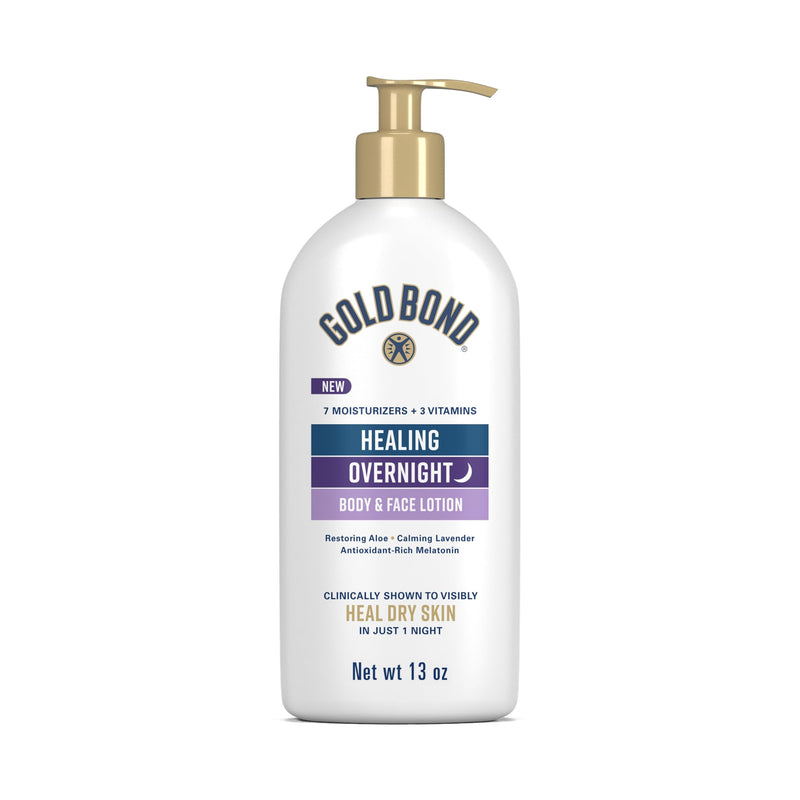 Gold Bond Healing Overnight Body & Face Lotion for Dry Skin, Nongreasy Moisturizer with Hyaluronic Acid, Aloe & Melatonin Works While You Sleep, 13 oz.
