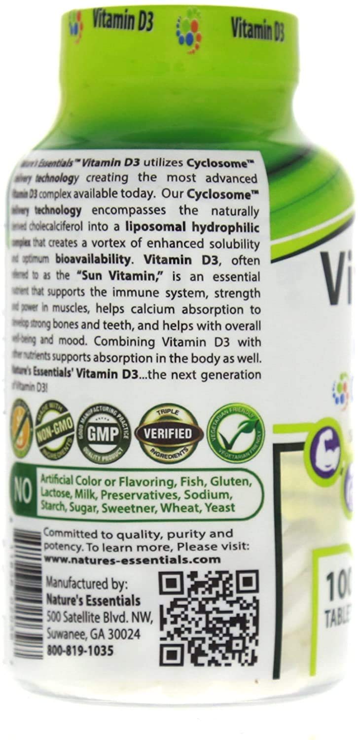 NATURE'S ESSENTIALS Vitamin D3 2000 IU, 100 Tablets | Supports Bone Health, Promotes Muscle Function, Advanced Cyclosome Delivery, Vegetarian