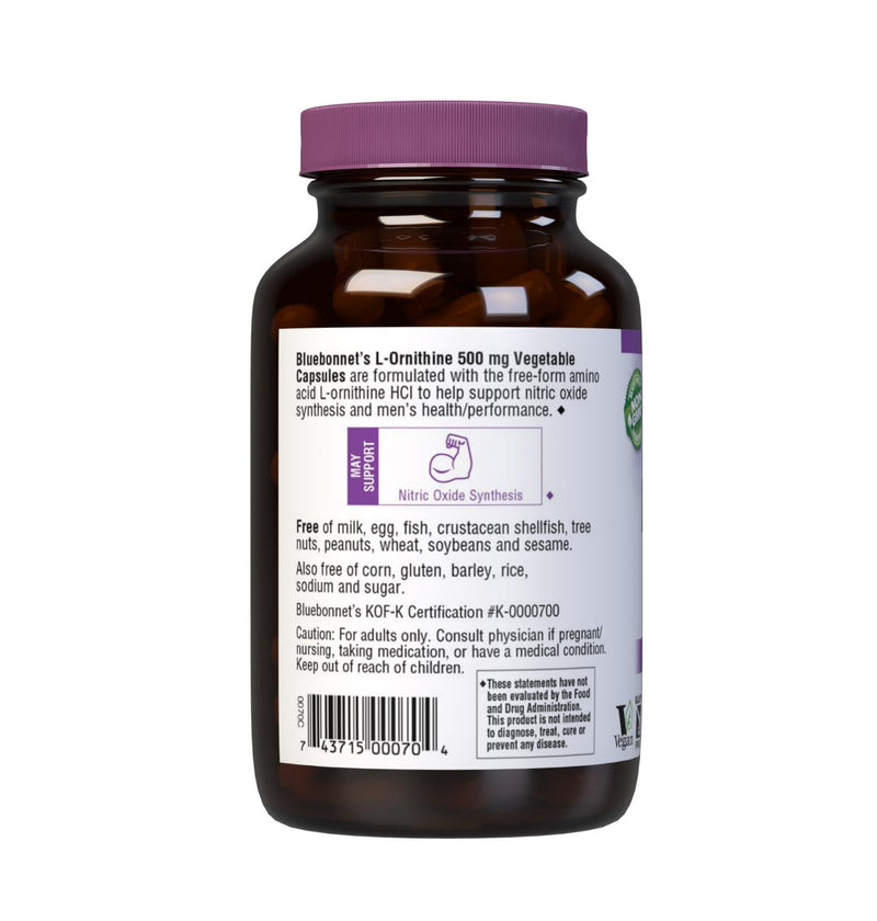 Bluebonnet Nutrition L-Ornithine 500mg, Free-Form Amino Acid, for Healthy Protein Metabolism*, Soy-Free, Gluten-Free, Non-GMO, Kosher Certified, Vegan, 100 Vegetable Capsules, 100 Servings | Third-party tested for purity and potency; manufactured in th...