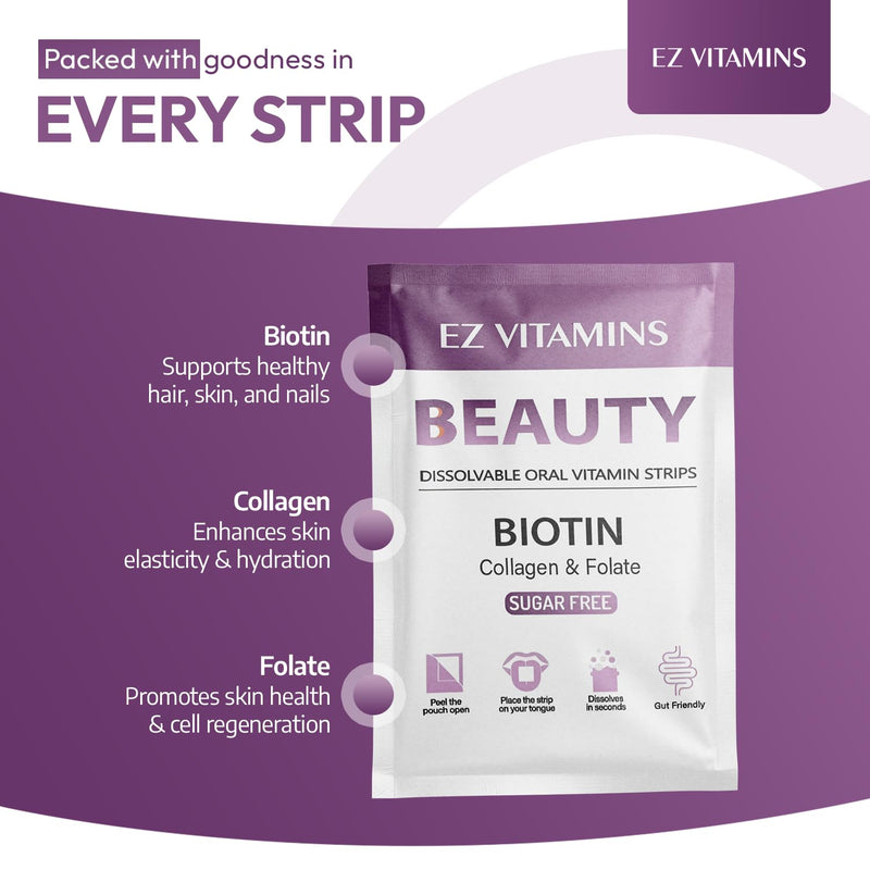 Beauty Strips for Hair, Skin & Nails Growth, 30 ct | Collagen Oral Strips With Biotin, Vitamin E And Folate Support Strong Nails And Glowing Skin, Strawberry Flavor, Sugar-Free