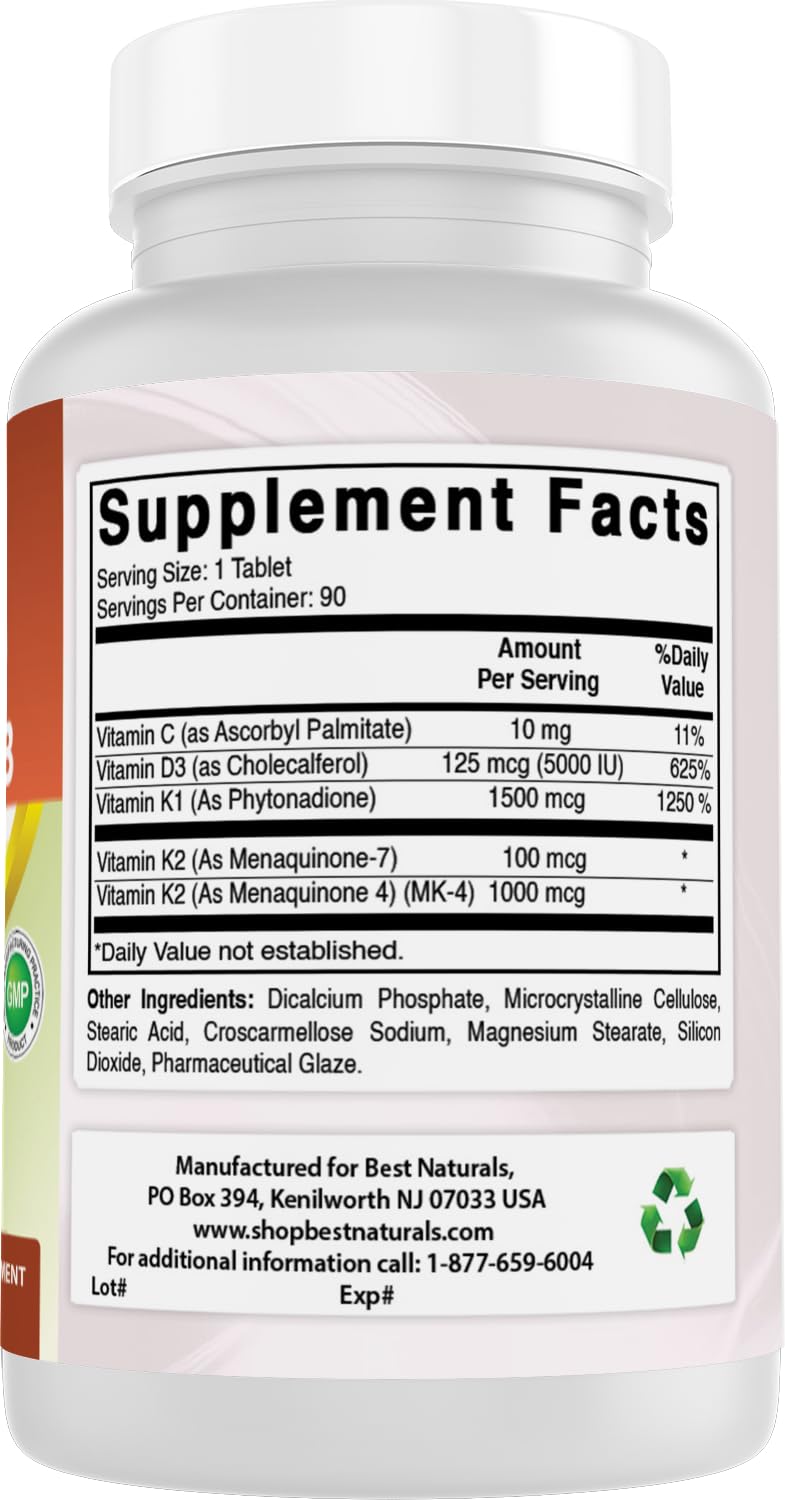 Best Naturals K-Complex with K1 (Phytonadione 1500 mcg + K2 as Menaquinone 100 mcg + K2 as MK-4 1000 mcg) + D3 + VIT. C - 90 Tablets - Made in The USA (Pack of 2) 90 Count (Pack of 2)