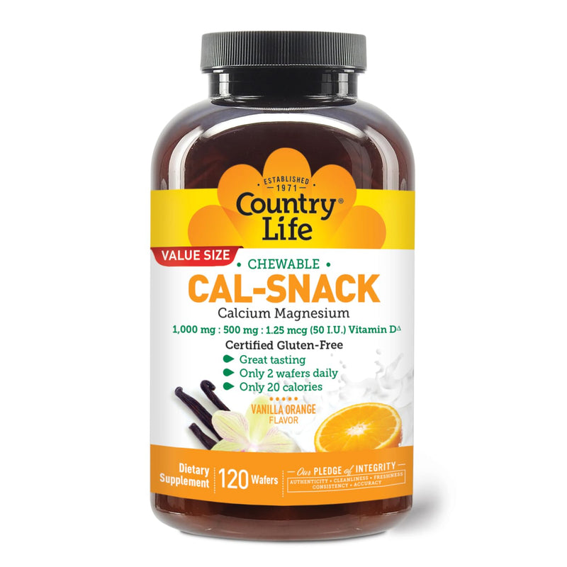 Country Life Cal-Snack Calcium Magnesium Wafers, Vanilla Orange, 120 Count | Chewable wafers provide 1,000 mg calcium, 500 mg magnesium and vitamin D per 2-wafer serving 120 Count (Pack of 1)