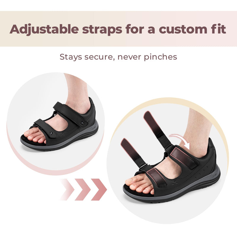 FitVille Diabetic Sandals for Women Wide Width, Open Toe Orthopedic Wide Sandals for Women with Adjustable Straps and Arch Support for Bunions, Plantar Fasciitis, Swollen Feet Black 8.5 Wide
