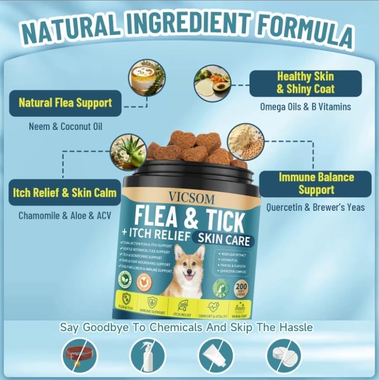 Flea and Tick Prevention for Dogs Itching Skin Relief, 200 Chewable Flea and Tick for Dog with Skin & Coat Support, Itch Relief for Dogs, Oral Supplement for All Breeds & Ages, Chicken Flavor