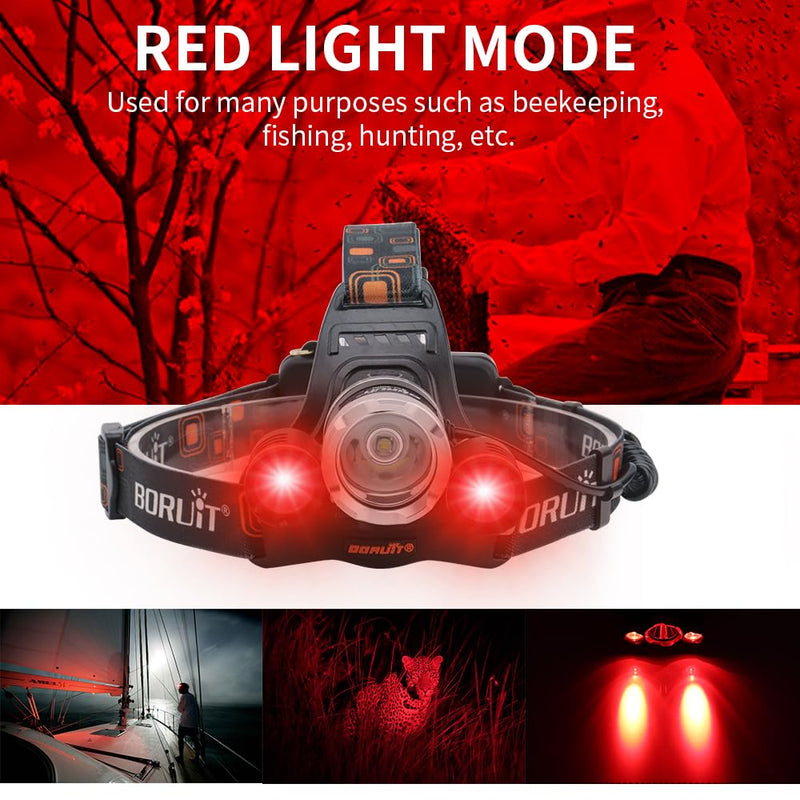 BORUIT RJ-3000 Rechargeabe LED Headlamp Super Bright with Red Light, 3 Modes Super Bright USB Head Lamp IPX4 Waterproof Headlight for Adults USB Outdoor Fishing Camping