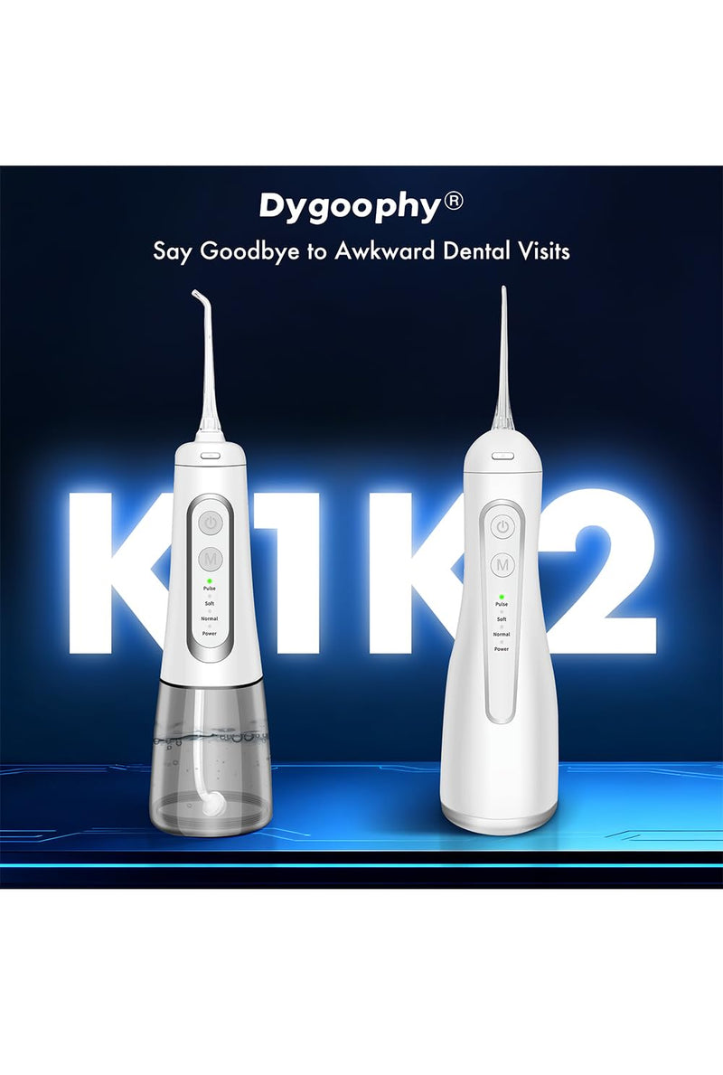 Dygoophy® K1&K2 Cordless Bundle Water Flosser, Dental Set Oral Irrigator 300ml Tank, IPX7 Waterproof, 4 Modes, 30-Day Battery, Quiet Design for Braces, Sensitive Gums & Complete Dental Care (White)