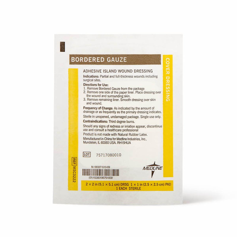 Medline Bordered Gauze, 2" x 2" Adhesive Island Wound Dressing, Sterile, 15 Count