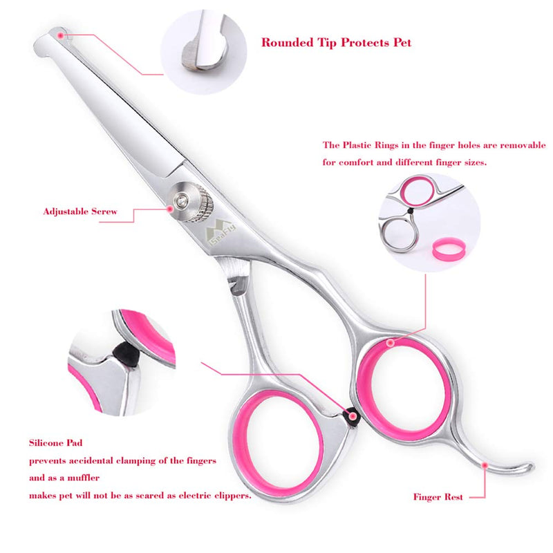 iSeaFly Dog Scissors with Round Tip, 5 in 1 Dog Scissors Set, Stainless Steel Cat Grooming Scissors, Dog Grooming Scissors for Full Body, Face, Nose, Ear (Pink) - BeesActive Australia