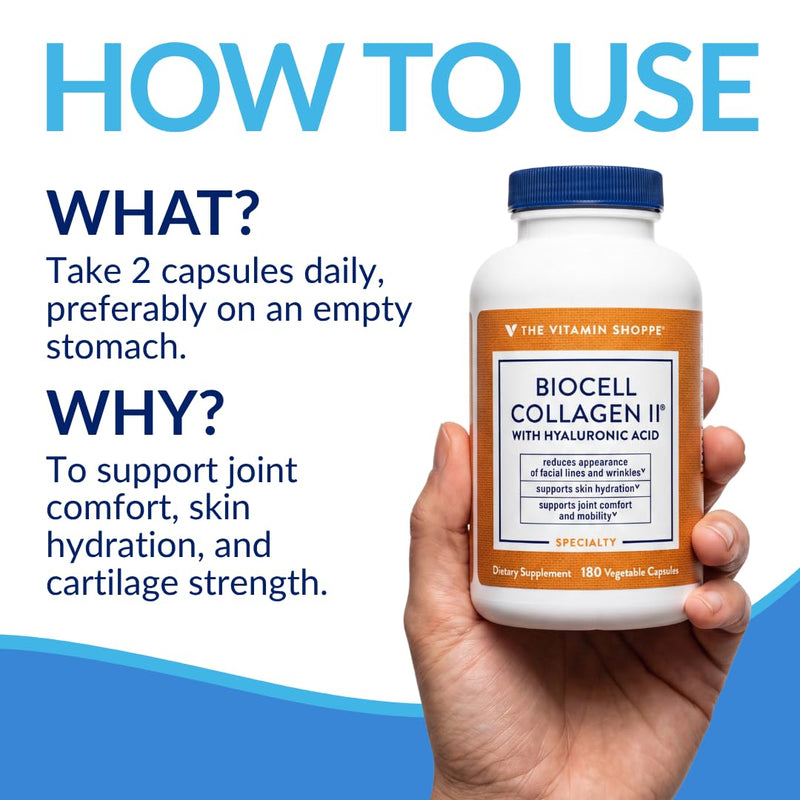The Vitamin Shoppe Brand BioCell Collagen Capsules, 1000 mg, 180 Capsules | Hyaluronic Acid, 1000 MG Collagen per Serving, Supplement for Men and Women, Supports Daily Wellness, Gluten Free, Non GMO 180 Count (Pack of 1)