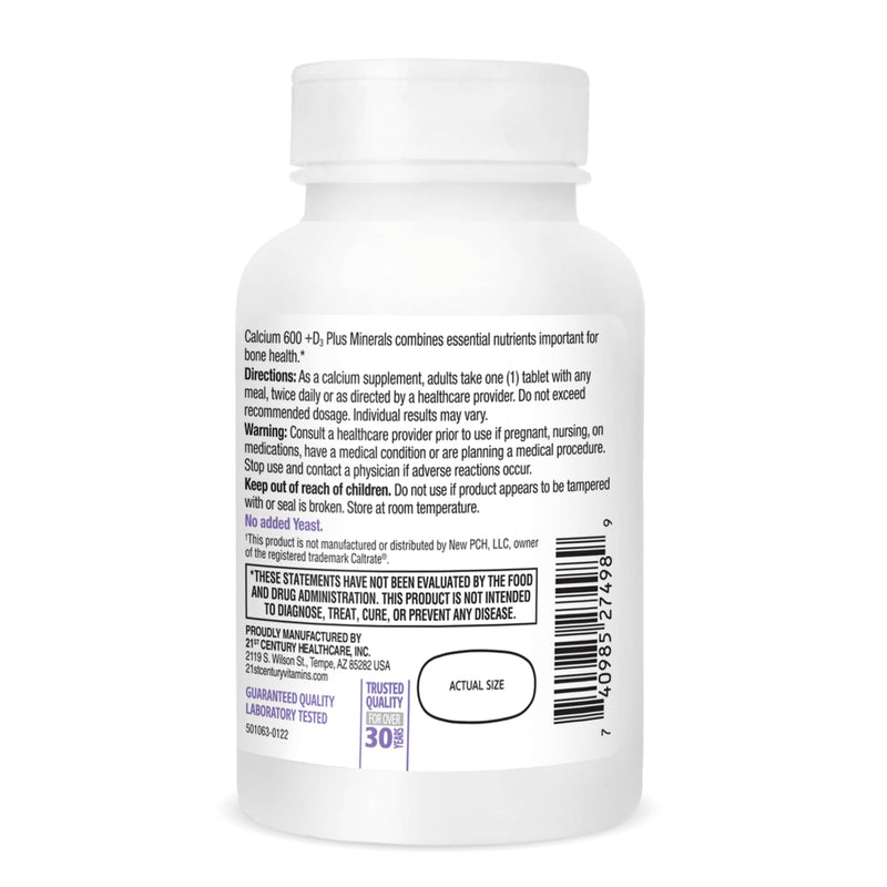 21st Century Calcium 600 Plus D Plus Minerals Caplets, Bone & Joint, 120 | Calcium 600 mg with Vitamin D3 & Essential Minerals, Compare VS. Caltrate® 600+D3 Plus Minerals, Bone, Joint & Muscle Support