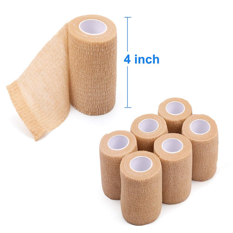 LotFancy Self Adhesive Bandage Wrap, 6 Pack, 4 in x 5 Yards, Non Woven Elbow Cohesive Bandage, First Aid Medical Tape for Ankle, Knee & Wrist Sprains, Tan Color 4x180 Inch (Pack of 6) - BeesActive Australia