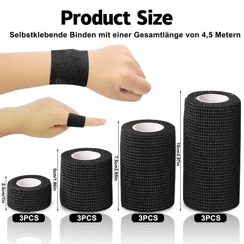 12 rolls of black self-adhesive bandage, 2.5cm x 4.5m/5.0cm x 4.5m/7.5cm x 4.5m/10cm x 4.5m adhesive bandage, bandages for pets, dog bandages for first aid for sports injuries - BeesActive Australia