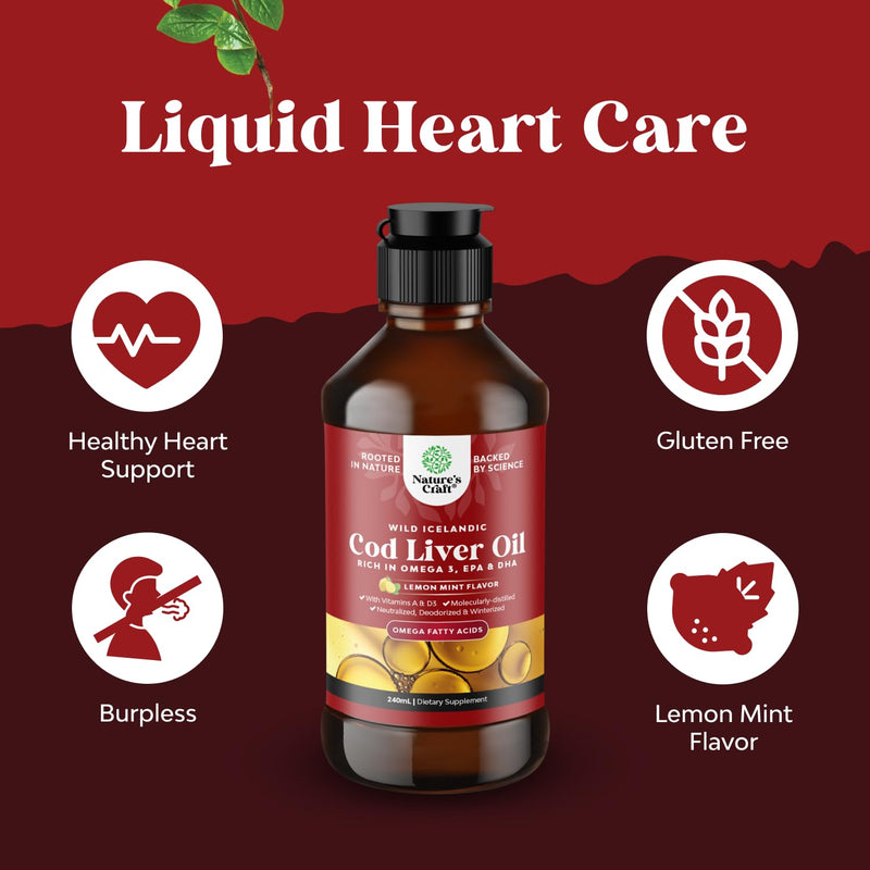 Icelandic Wild Caught Cod Liver Oil Liquid - Fish Oil Drops with Omega 3, EPA, DHA, Vitamin D & A - Liquid Cod Liver Supplement for Heart, Joint, Brain & Immune Support - 8 Fl Oz 240ml (Pack of 1)