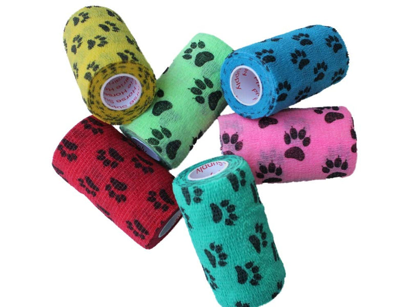 Prairie Horse Supply 4 Inch Vet Wrap Tape Bulk (Paw Prints Variety) (Pack of 12) Self Adhesive Adherent Adhering Flex Bandage Grip Roll for Dog Cat Pet 12 Rolls Paw Prints