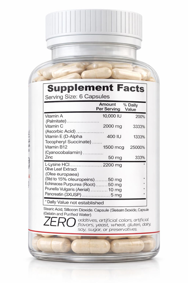 L-Lysine Cold Sore Treatment Powerful Immune Support Outbreak Control – 2200mg Lysine Olive Leaf, Echinacea, Vitamin C, 1500mcg Vitamin b12, Zinc & Herbal Supplements – 180 Count