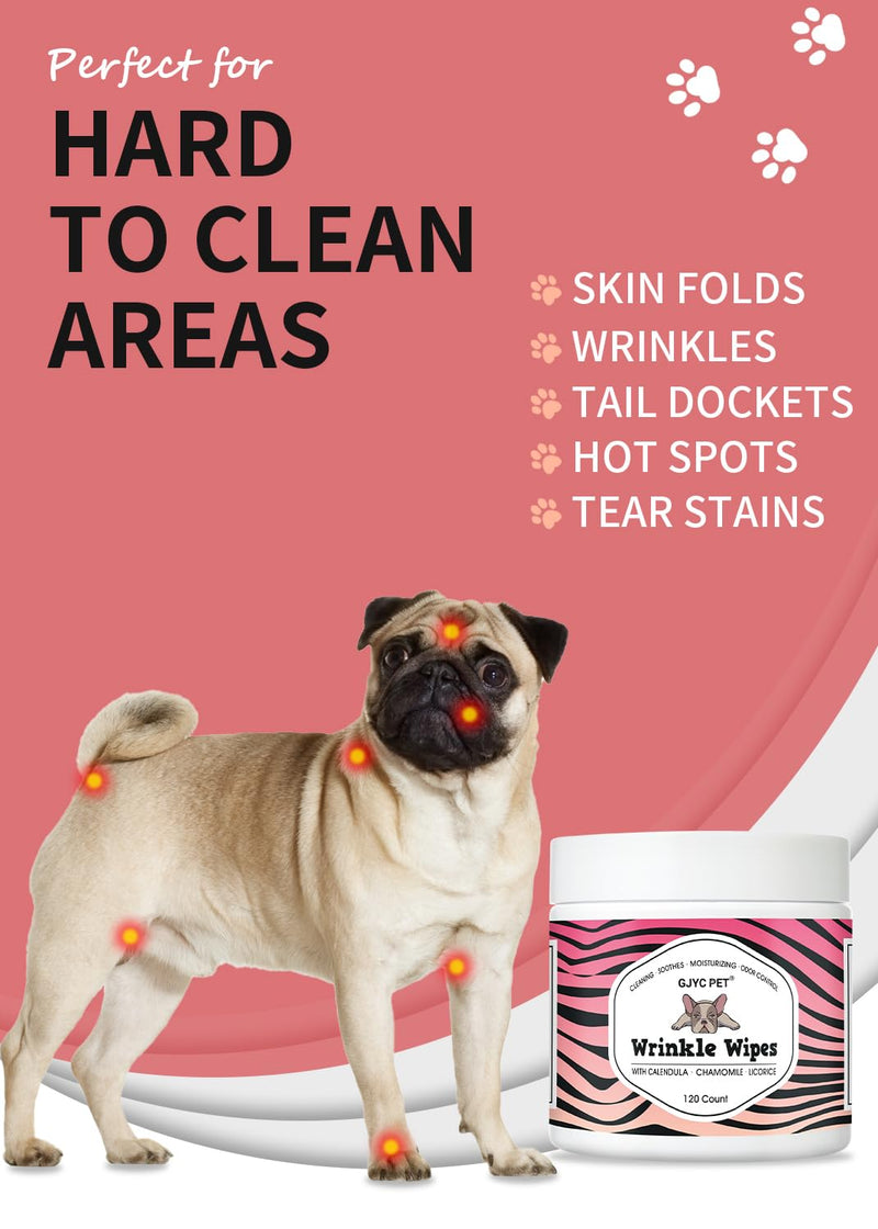 Natural Wrinkle Wipes for Dogs, 120 Count, Hypoallergenic Dog Wipes, Wrinkle Wipes French Bulldog, Cleaning & Deodorizing, Dog Wipes for Grooming Faces, Paws & Butts 120 CountWipe - BeesActive Australia