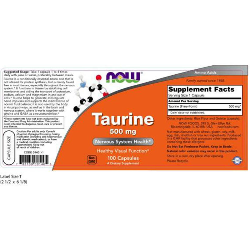 NOW Taurine 500mg, 100 Capsules (Pack of 3) 100 Count (Pack of 3)