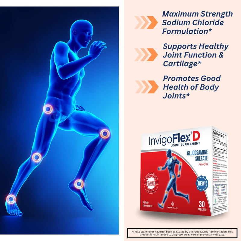 INVIGOFLEX 1500mg of Glucosamine Sulfate Powder (Classic Formulation) - Premium Joint Supplement for Knees, Hands, Back, and Hip Support D: Glucosamine Sulfate, Packets - 60 Packets 1.88 Pound (Pack of 2)