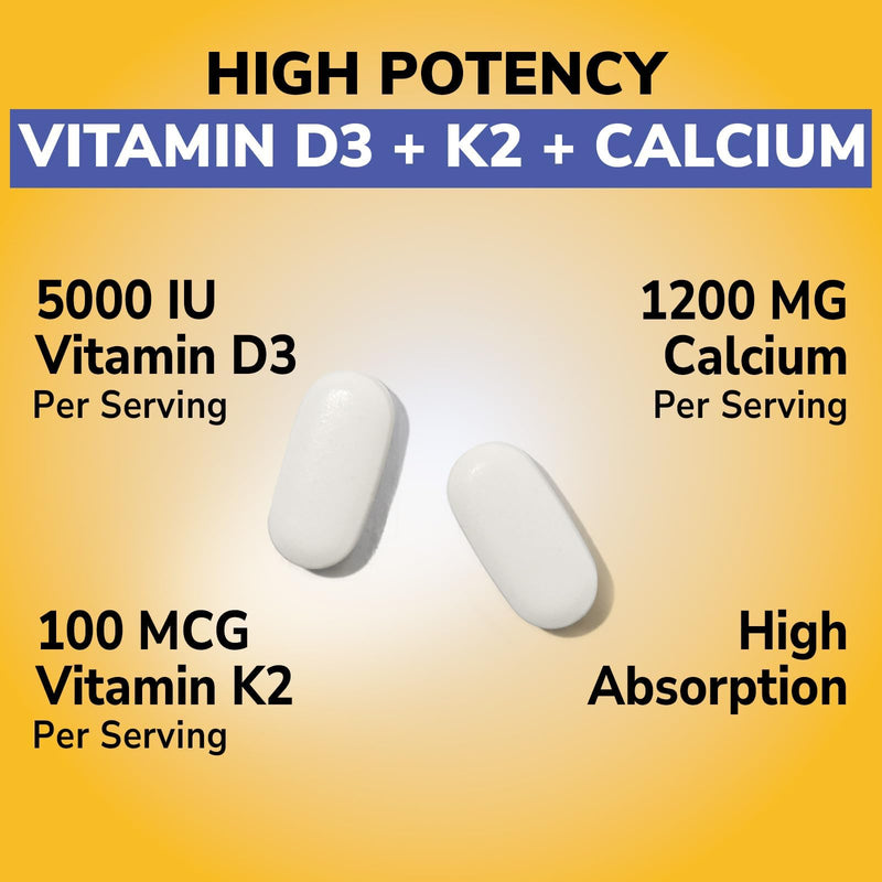Vitalibre Vitamin D3 K2 + Calcium Supplements for Women & Men, 60 Tablets | Calcium 1200 mg with Vitamin D3 K2 5000 iu, High Absorption for Strong Bones, Teeth, Heart, Immune Health