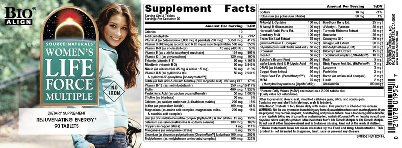 Source Naturals Women's Life Force Multiple Iron Free - Daily Complete Multivitamin 13 Essential Vitamins, Antioxidants, Herbs, Nutrients & Minerals - Enhanced Energy & Immune Boost - 90 Tablets 90 Count (Pack of 1)