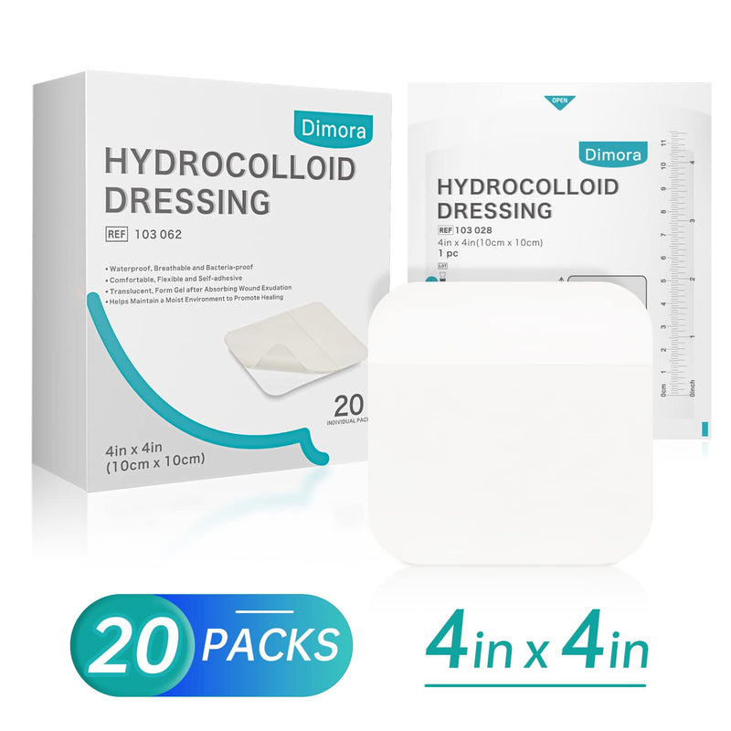 Dimora 20 Pack Hydrocolloid Wound Dressing, Ultra Thin 4" x 4" Large Patch Bandages with Self-Adhesive 4×4 - 20pcs 0.3mm thickness