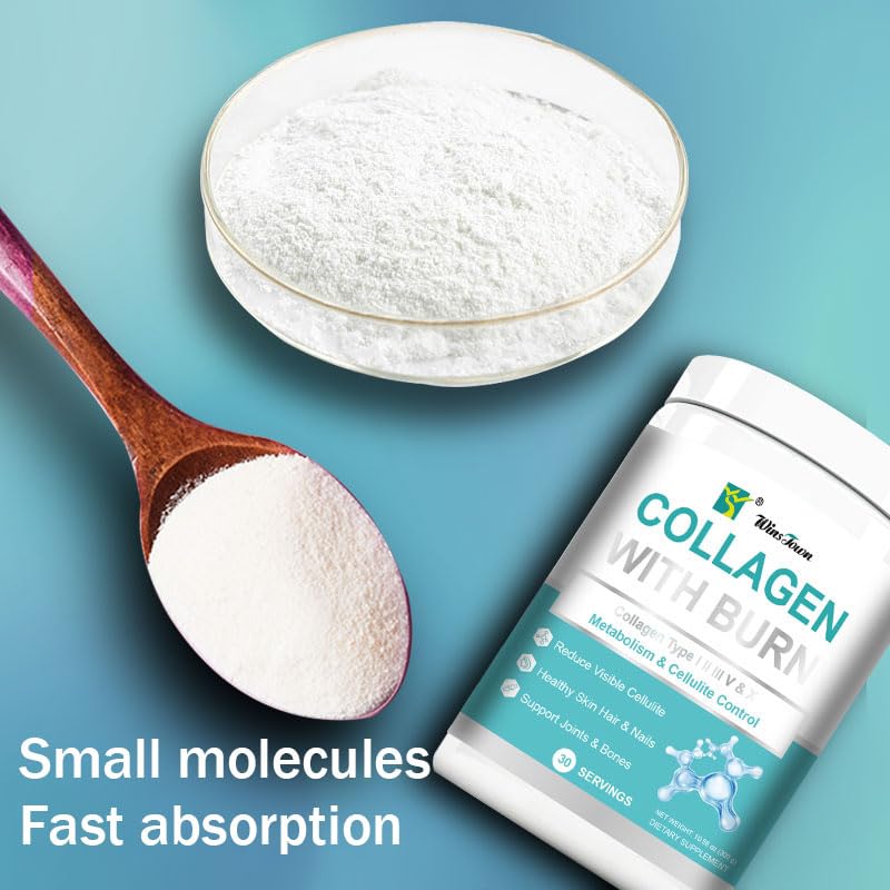Multi Collagen Burn Powder with L-Carnitine, 30 Servings | Collagen types I, II, III, V & X with green tea extract; strawberry flavor, 11 oz powder for daily wellness.