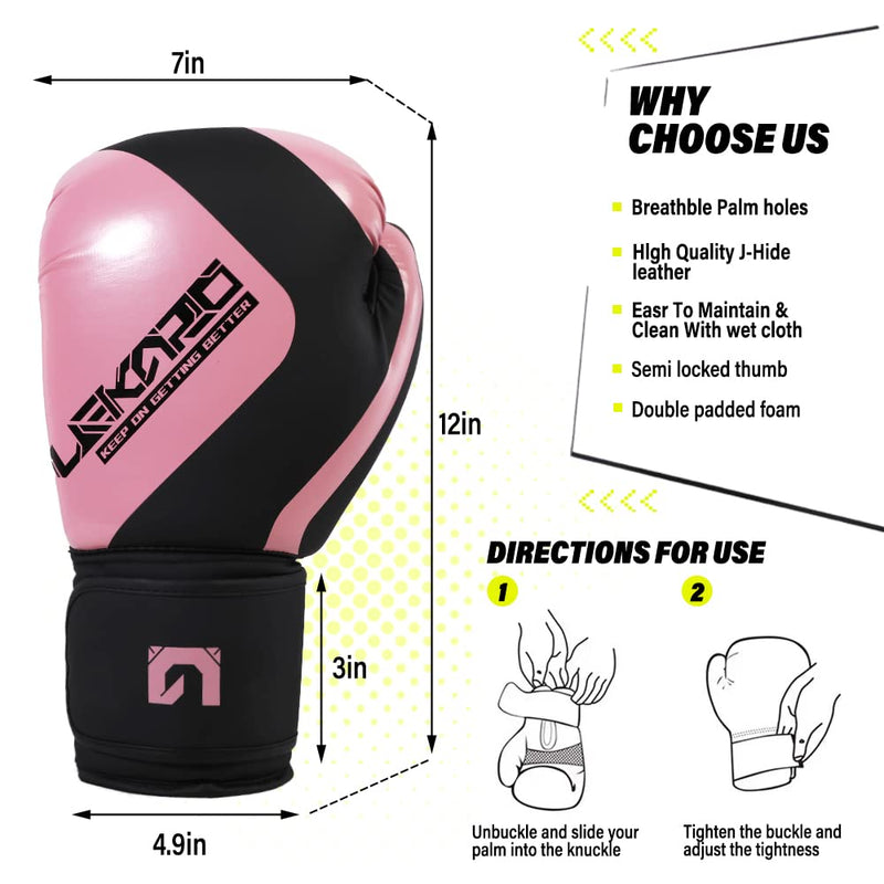 LEKÄRO Boxing Gloves,Boxing Training Gloves Men and Women Leather,Punching Bag Gloves for Boxing & MMA Training,Kickboxing, Muay Thai, MMA 10 OZ Pink