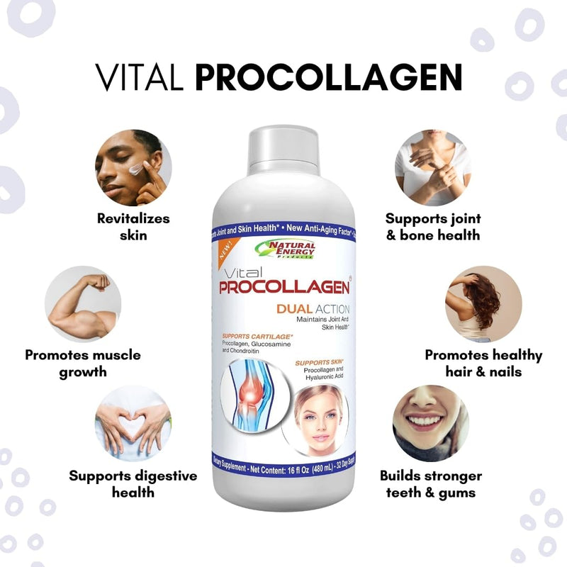 Natural Energy Vital Procollagen - Liquid Hydrolyzed Collagen Protein with Hyaluronic Acid and Glucosamine Chondroitin Sulfate Anti-Aging Factor for Men and Women 16oz |New Snickerdoodle Flavor| 1