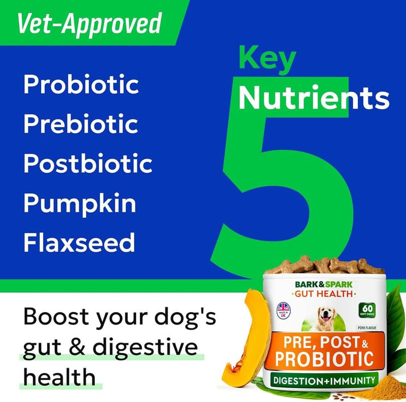 BARK&SPARK Vet Strength Dog Probiotics for Gut Health & Digestive Enzymes - Gas, Diarrhea, Constipation Chewables - Allergies Itchy Skin - Dogs Digestive Health - 60 Count (Pack of 1) Unflavored