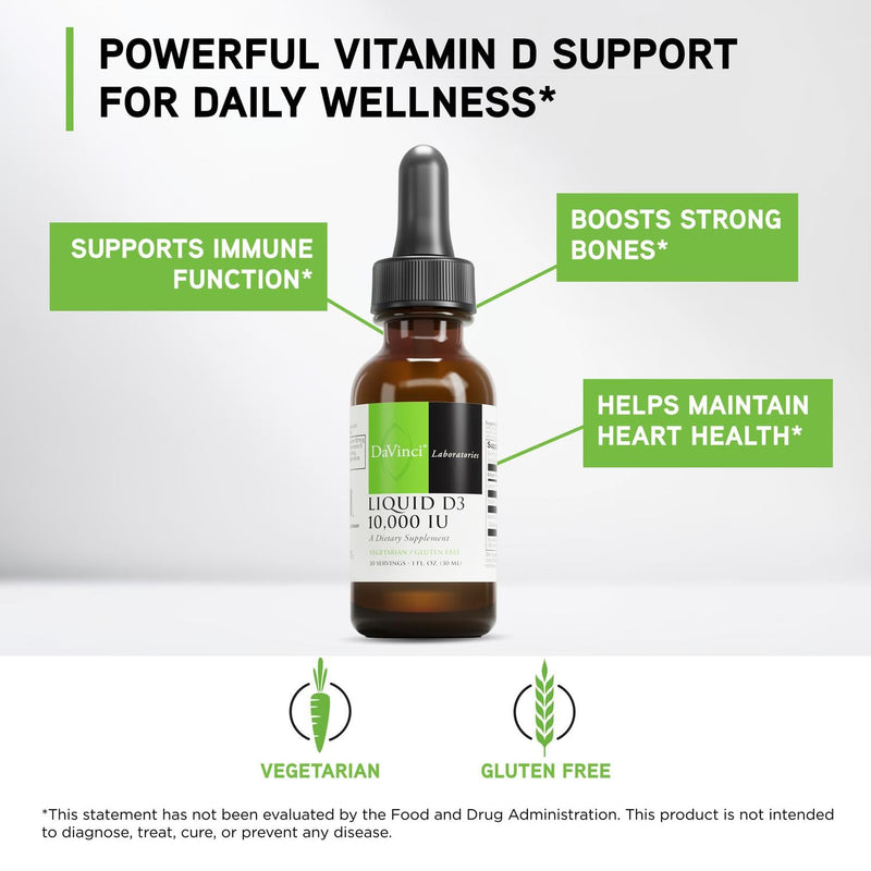 DAVINCI Labs Liquid D3 10,000 IU - Helps Support Bone Health, Immune Support & Heart Health with Vitamin D3 - Gluten Free & Vegetarian - 1 Fl Oz (30 Servings) 1 Fl Oz (Pack of 1)