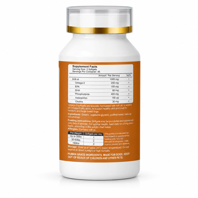 Krill Oil Omega 3 Supplement for Dogs, Allergy & Itch Relief, Skin and Coat Support for Shedding, Softgels for Joint Health with EPA DHA & Astaxanthin, 90 Count 1 bottle