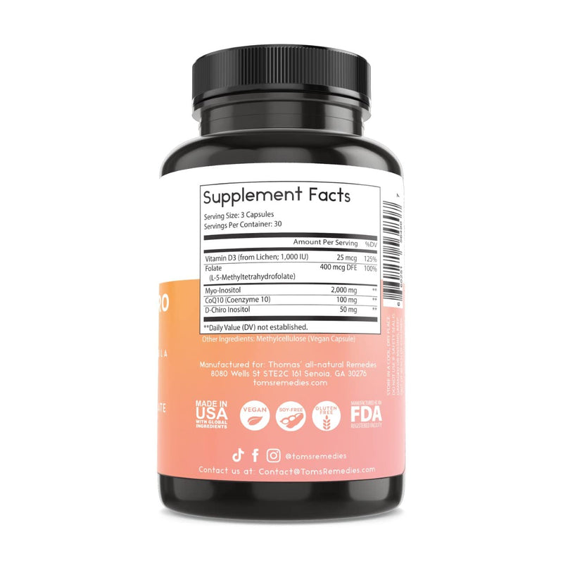 Toms Remedies Myo Inositol Supplement & D-Chiro Inositol Blend Supplement | With Folate and Vitamin D3, 40 to 1 Ratio, No Fillers, CoQ10, 90 Vegan Capsules