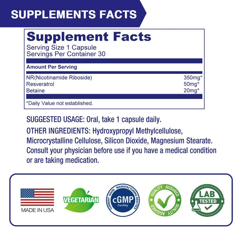 LOVITA NR (Nicotinamide Riboside) 350 mg, NAD Supplement with Trans-Resveratrol and Betaine, Promote NAD Plus Levels, Healthy Aging, 30 Vegan Enteric-Coated Capsules (Pack of 3) Standard Package 30 Count (Pack of 3)