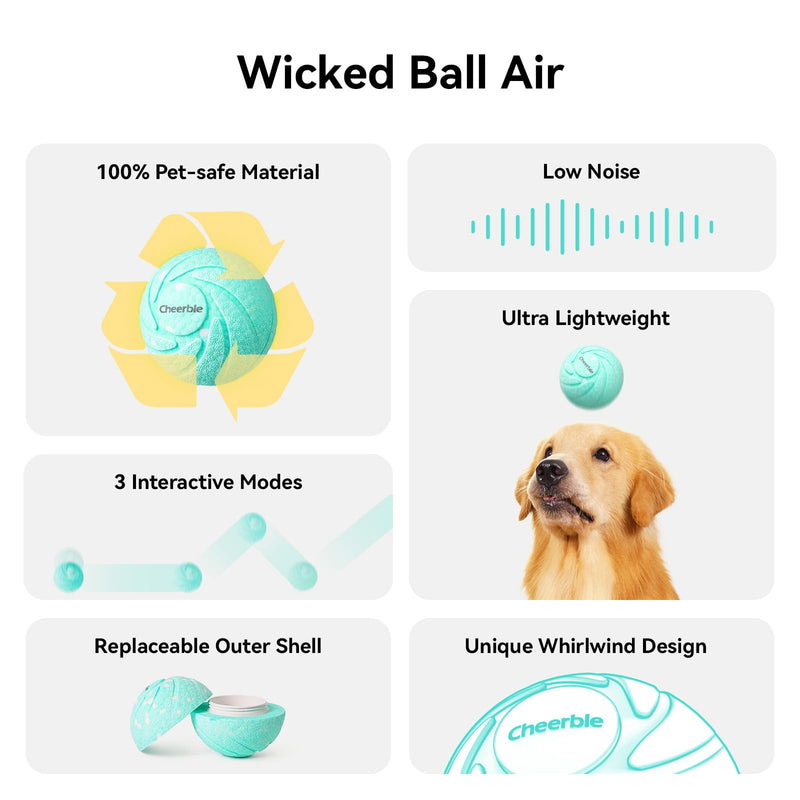 Cheerble [2025 Upgrade Smart Interactive Dog Toys,Wicked Ball AIR,3 Interactive Modes,Self Moving Bouncing Rotating Ball,E-TPU Material,IPX7 Waterproof,Active Rolling Ball for Medium and Large Dogs Aqua - BeesActive Australia
