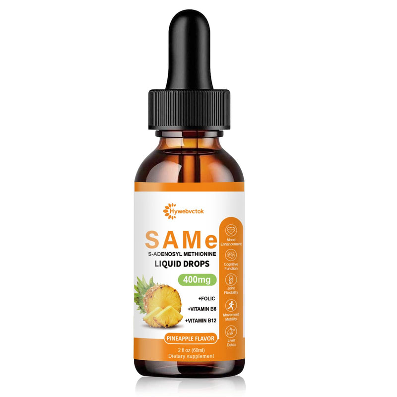Liquid SAM E Drops,SAM-E(SAMe) Supplement 400MG S-Adenosyl-L-Methionine | with Vitamin B6,B12,Folate,Joint Support&Liver Health,Pineapple Flavor,98% Absorption&Better Bioavailability,0 Sugar,2 FL OZ