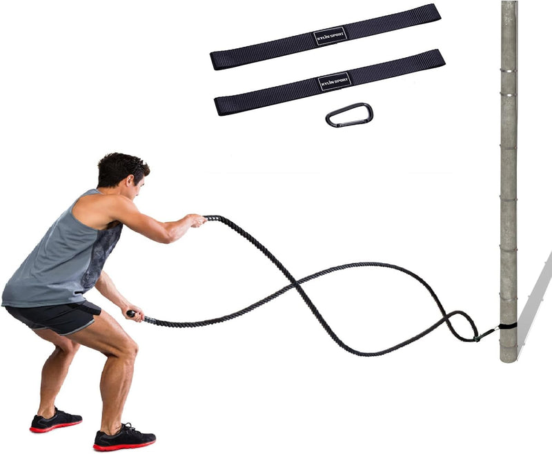 Battle Rope Anchor Strap Kit | Heavy Duty Reinforced Nylon | Easy and Fast Setup | Stops Rope Damage | Stainless Steel Carabiner | Includes Exercise Guide | Black with White Stripe - BeesActive Australia