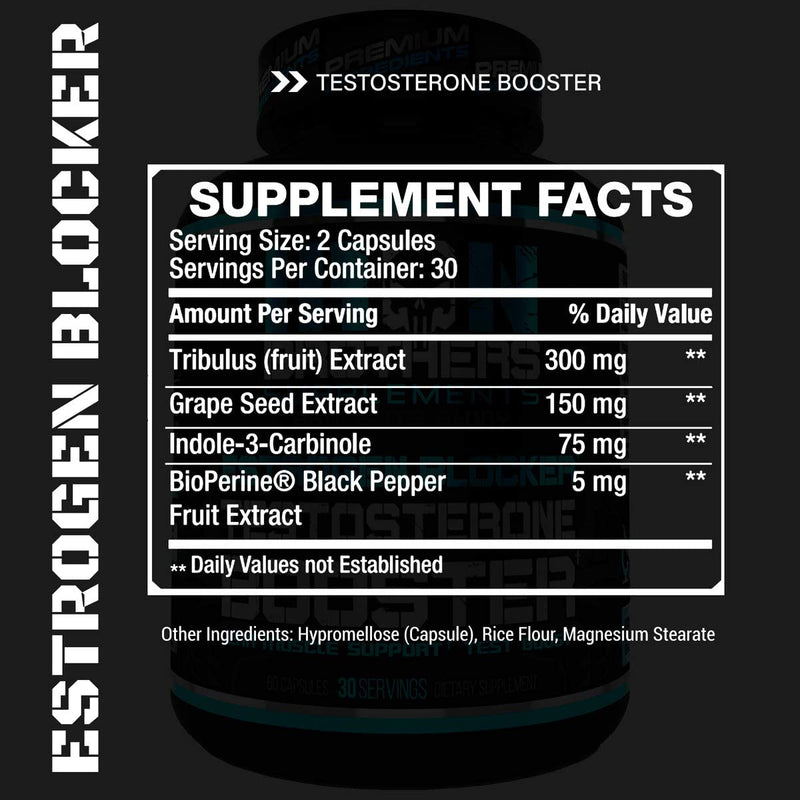 Iron Brothers Testosterone Booster for Men with Estrogen Blocker - Anti-Estrogen Dietary Supplement with Indole-3-Carbinol, Grape Seed Extract & Tribulus Terrestris |60 Capsules - Muscle Growth Boost - BeesActive Australia