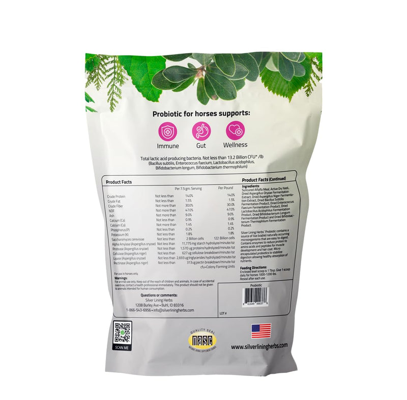 Silver Lining Herbs Horse Probiotic - Micro Encapsulated Probiotics for Equine Digestive Support and a Healthy Gut - Natural Source of Beneficial Bacteria and Enzymes - 1.25 lb Bag - PawsPlanet Australia