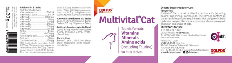 Multivital Cat 90 Mini Tablets Vitamins Minerals Amino acids Including Taurine for Cats