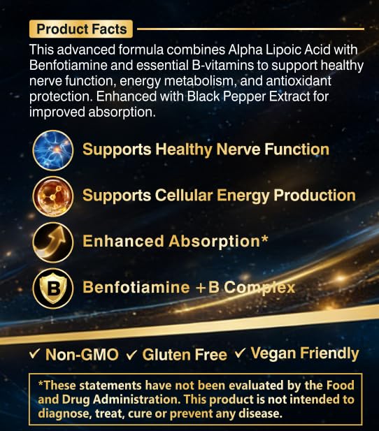 Battony Alpha Lipoic Acid 600 mg with Benfotiamine, Vitamin B6 & B12, Non-GMO, Gluten Free, Vegan Friendly Lab Tested, ALA Supplement 120 Capsules,2 Month Supply