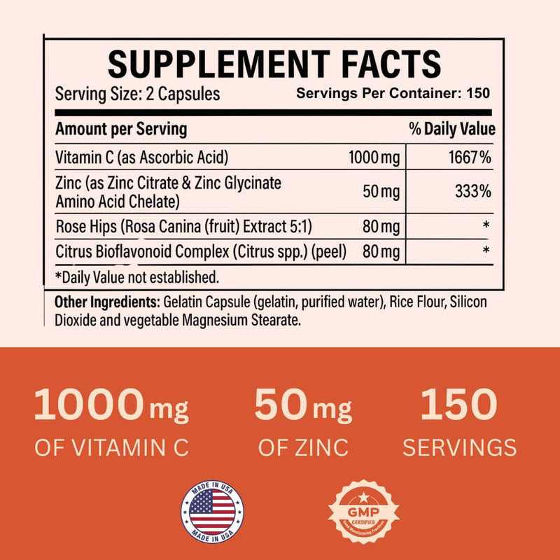 Vitamin C 1000mg with Zinc, Rose HIPS and Citrus Bioflavonoids, Immune Support Supplement Antioxidants Protection, 300 Capsules 300 Count (Pack of 1)