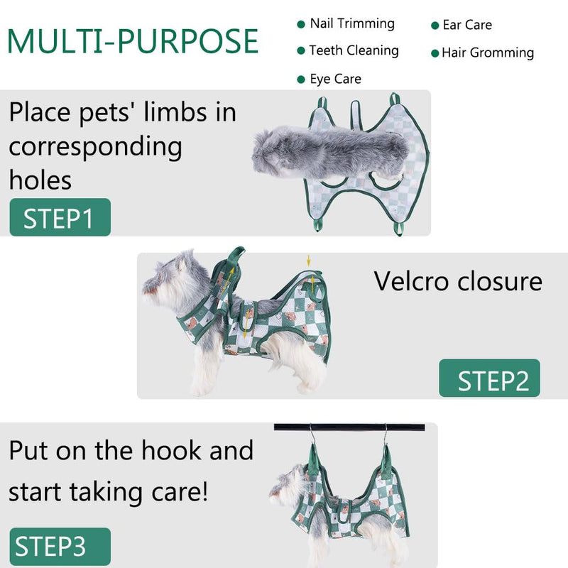 AIO Cat & Dog Restraint Sling for Nail Trimming Foldable Dog Grooming Supet Relaxation Hammock Harness for Pet Grooming S Green Green grid Small