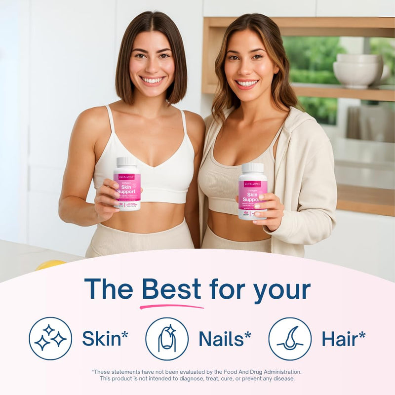 Skin Support Supplement - Hair Growth Vitamins for Women & Men - Nail Strengthener and Growth - Healthy Hair Skin and Nails Vitamins with Collagen - Non-GMO, 60 Capsules | 30 Day Supply