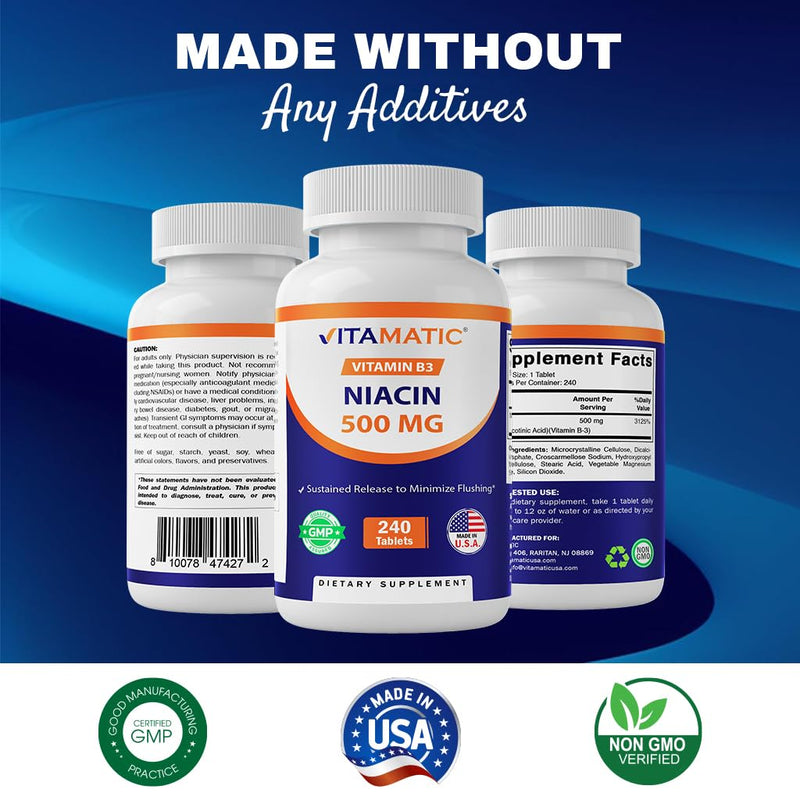 Vitamatic Niacin (Vitamin B3) 500mg, Sustained Release, 240 Tablets - Non-GMO & Gluten Free (Pack of 2) 240 Count (Pack of 2)