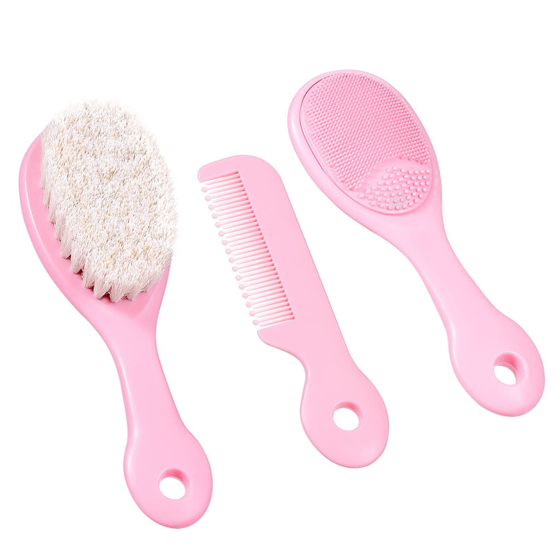 3 Piece Baby Hair Brush and Comb Set for Newborns and Toddlers (Pink)