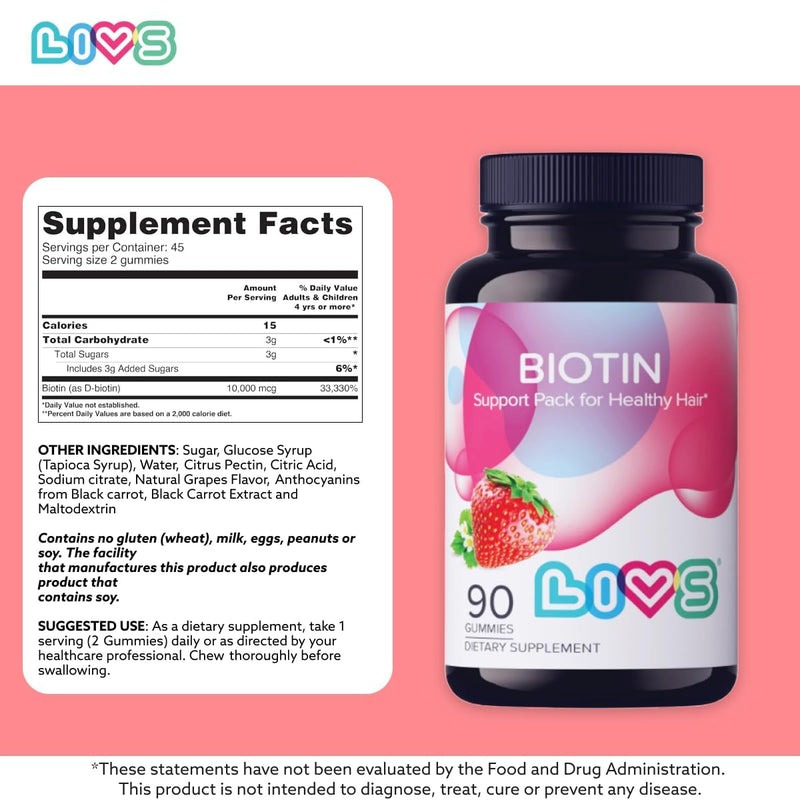 LIVS Biotin Gummies 10000mcg – Supports Healthy Hair, Skin & Nails | Vitamin B7 Supplement for Women & Men | Natural Grape Flavor | Vegan, Gluten Free & Non-GMO | 180 Count with 90 Servings Pack of 2