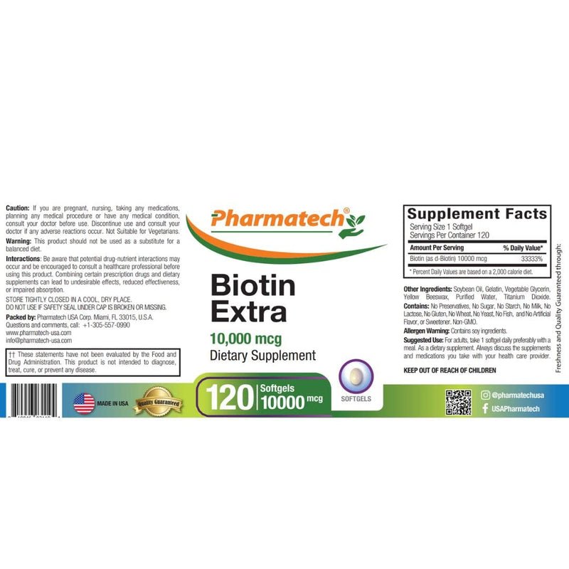 Biotin Vitamin for Hair Growth, Biotin 10000mcg, Improves Skin and Nails Quality, Vitamin B7, Supplement for Women, Gluten Free, 120 Softgels